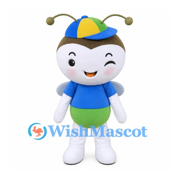 Bee Mascot Costume with Blue and Yellow Cap and Green Shorts