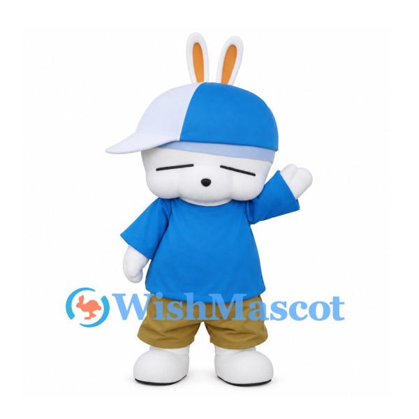 Rabbit Mascot Costume with Blue Cap, Shirt and Brown Shorts