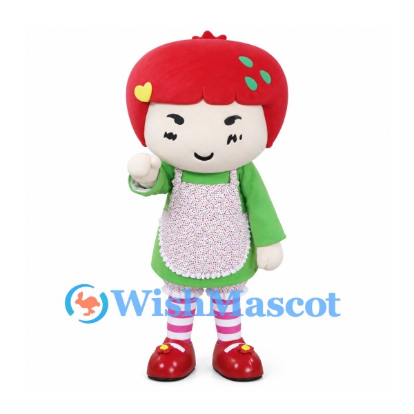 Apple Girl Mascot Costume with Green Dress and Pink Apron