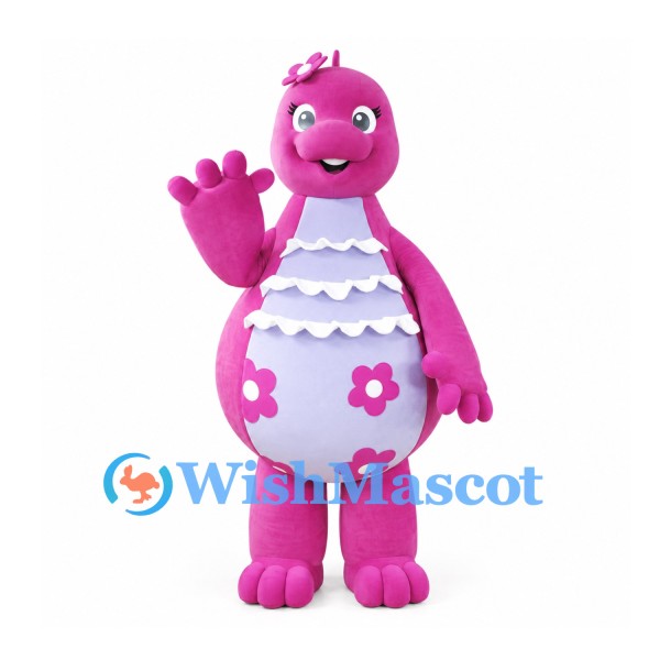 Dragon Mascot Costume in Pink with Floral Belly and White Ruffles