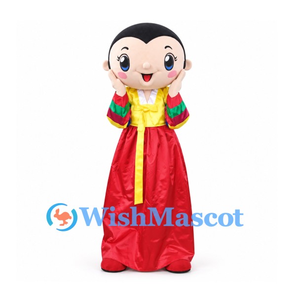 Girl Mascot Costume with Yellow Blouse and Long Red Traditional Skirt