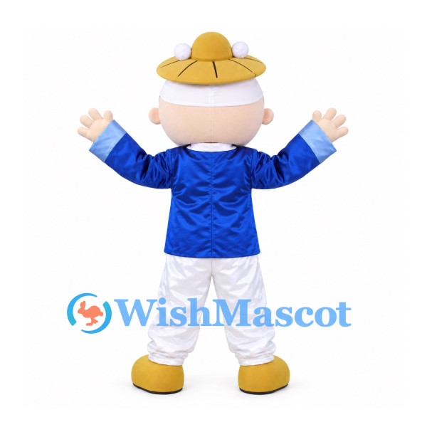 Boy Mascot Costume with Yellow Hat, Blue Jacket and White Trousers