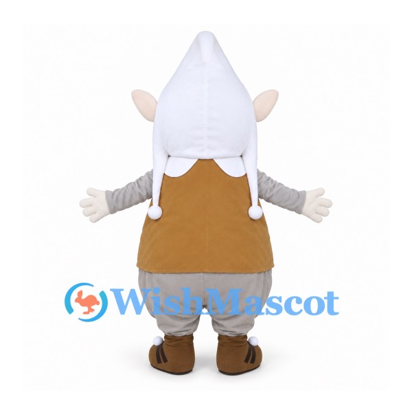 Gnome Mascot Costume with White Pointed Hat and Brown Vest