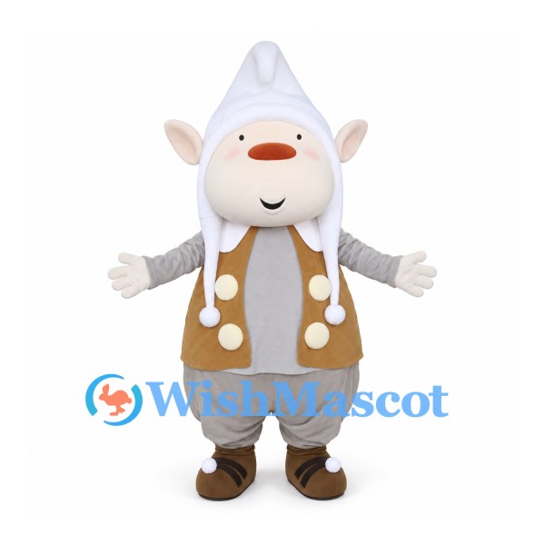 Gnome Mascot Costume with White Pointed Hat and Brown Vest