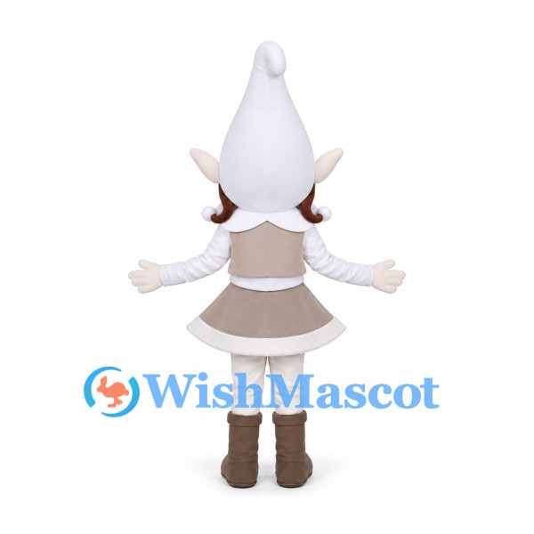 Gnome Girl Mascot Costume with White Pointed Hat and Taupe Dress