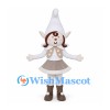 Gnome Girl Mascot Costume with White Pointed Hat and Taupe Dress