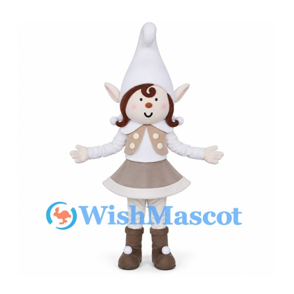 Gnome Girl Mascot Costume with White Pointed Hat and Taupe Dress