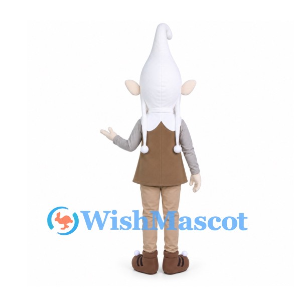 Gnome Mascot Costume with Tall White Hat and Brown Tunic