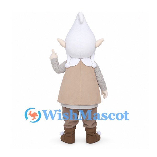 Gnome Mascot Costume with White Pointed Hat and Beige Coat