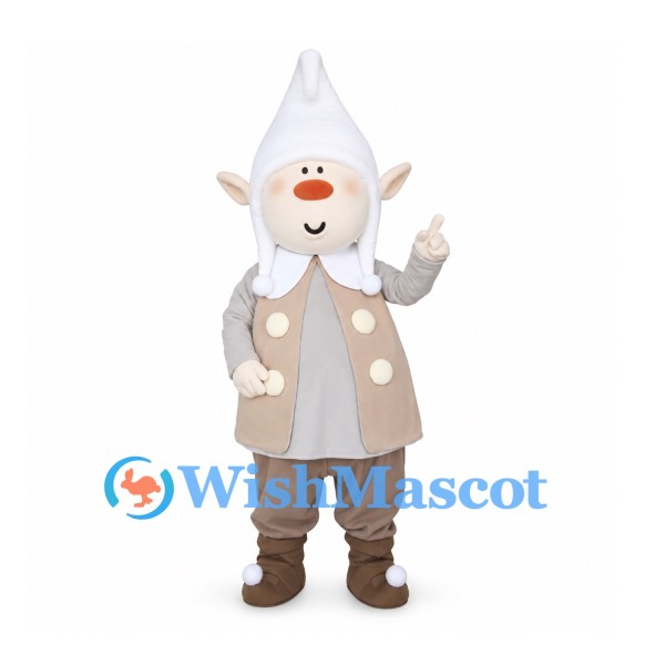 Gnome Mascot Costume with White Pointed Hat and Beige Coat