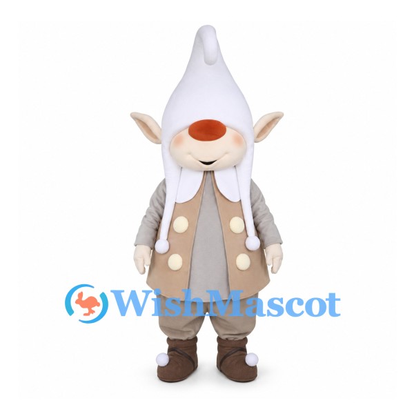 Gnome Mascot Costume with Orange Nose and Beige Polka Dot Coat