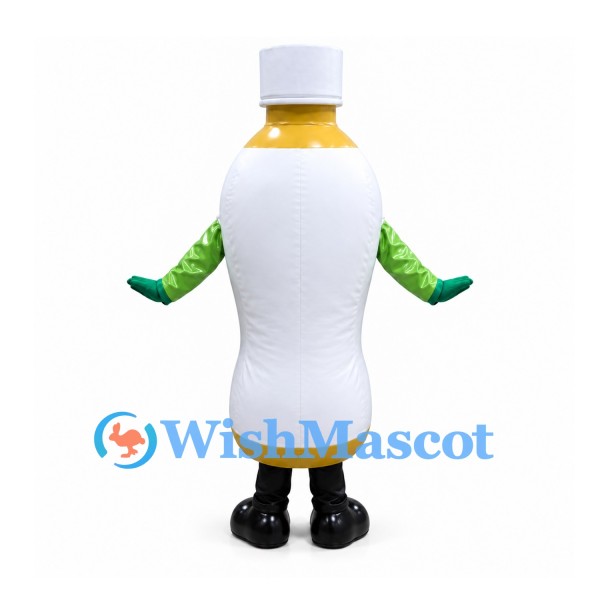 Bottle Mascot Costume in White with Pink Glasses and Green Sleeves