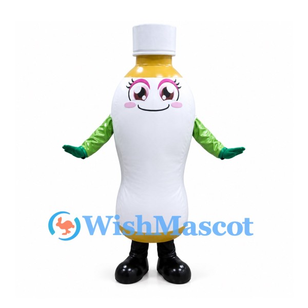 Bottle Mascot Costume in White with Pink Glasses and Green Sleeves