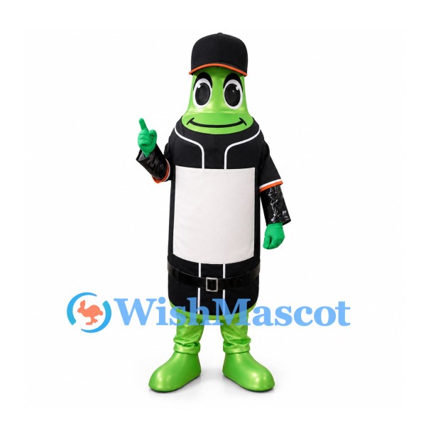 Bottle Mascot Costume in Green with Black Uniform and White Label
