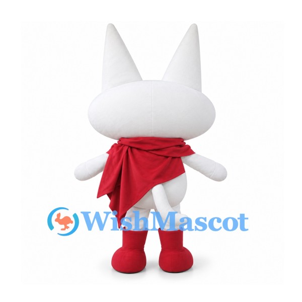 Cat Mascot Costume in White with Red Scarf and Large Eyes
