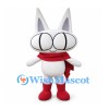 Cat Mascot Costume in White with Red Scarf and Large Eyes