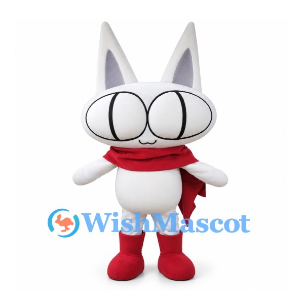 Cat Mascot Costume in White with Red Scarf and Large Eyes