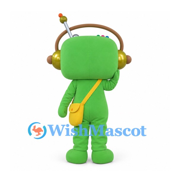 Robot Mascot Costume in Green with Headphones and Yellow Shoulder Bag