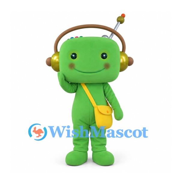 Robot Mascot Costume in Green with Headphones and Yellow Shoulder Bag