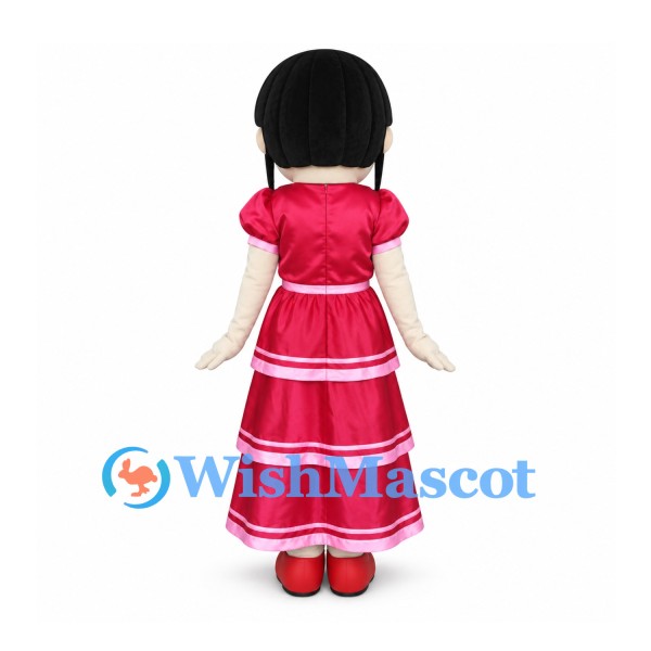 Girl Mascot Costume with Black Bob and Pink Tiered Dress