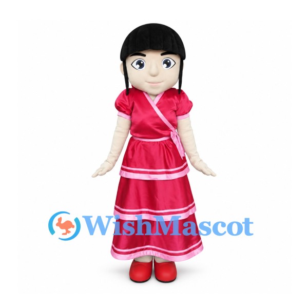 Girl Mascot Costume with Black Bob and Pink Tiered Dress