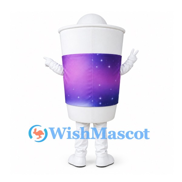 Drink Cup Mascot Costume with Purple Galaxy Band and White Lid