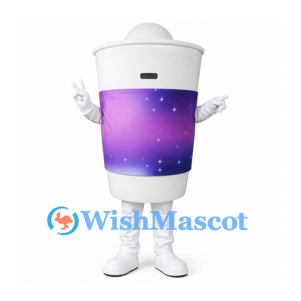 Drink Cup Mascot Costume with Purple Galaxy Band and White Lid