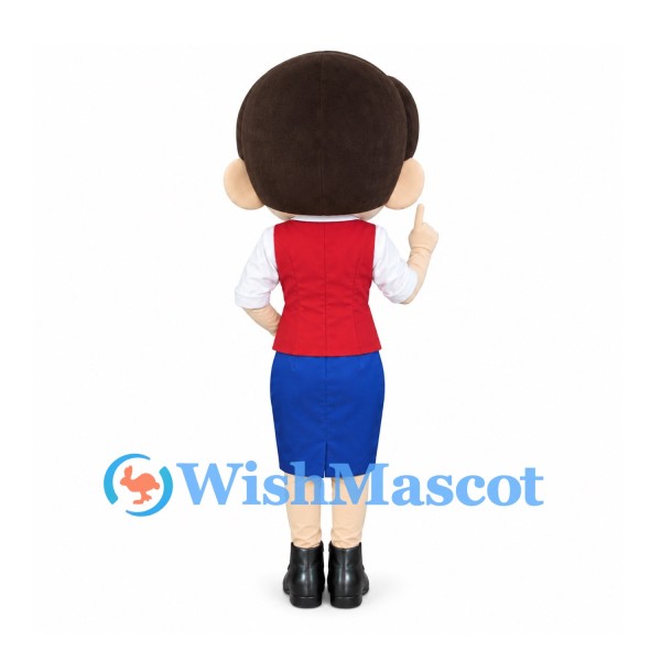 Woman Mascot Costume with Red Vest and Blue Skirt
