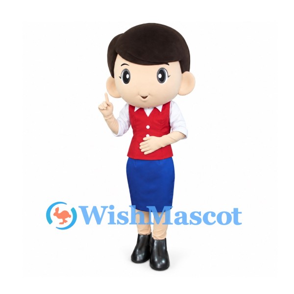 Woman Mascot Costume with Red Vest and Blue Skirt