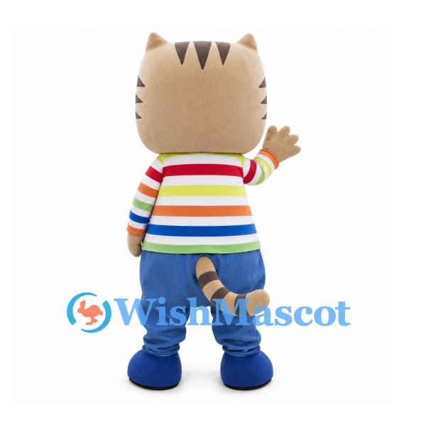 Cat Mascot Costume in Tan with Rainbow Shirt and Blue Trousers
