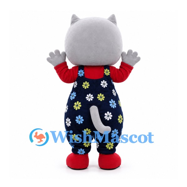 Cat Mascot Costume in Gray with Navy Floral Overalls