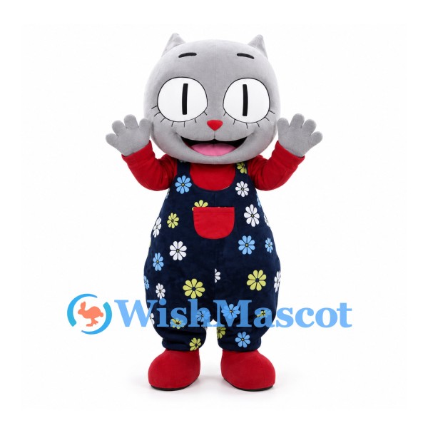 Cat Mascot Costume in Gray with Navy Floral Overalls