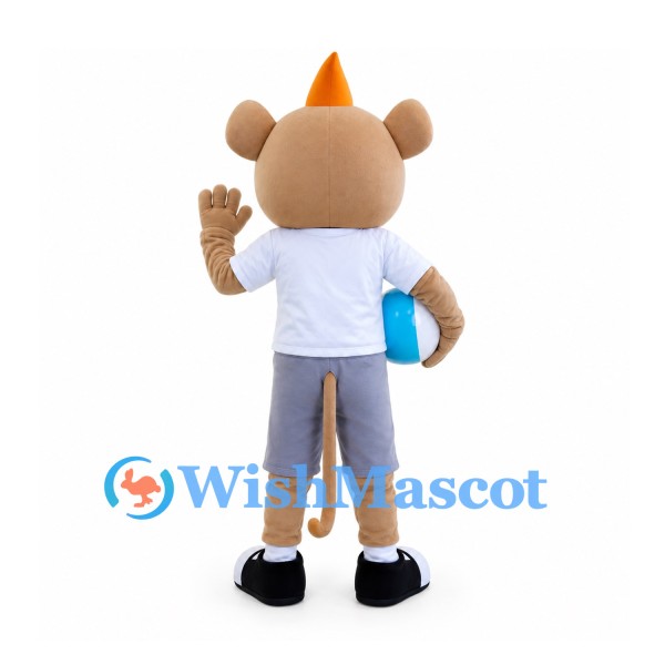Mouse Mascot Costume with Orange Party Hat and Gray Shorts