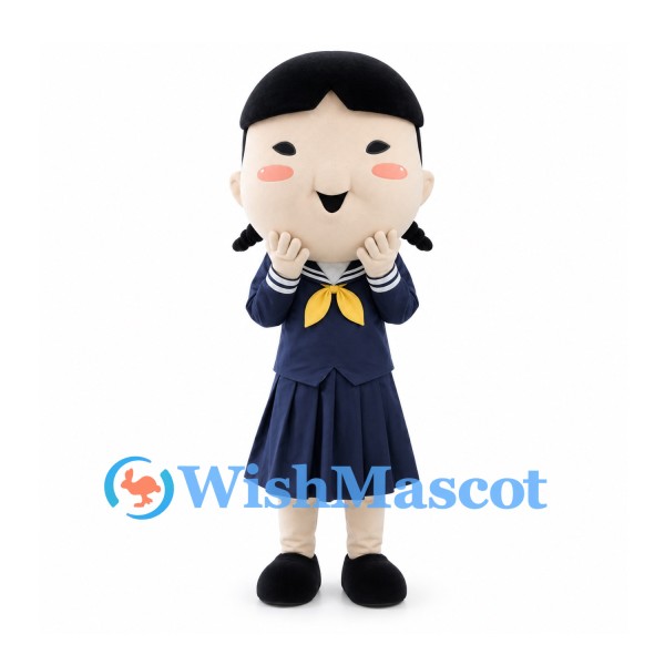 Schoolgirl Mascot Costume with Black Hair and Navy Sailor Uniform