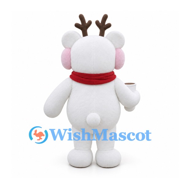 Reindeer Mascot Costume in White with Red Nose and Scarf