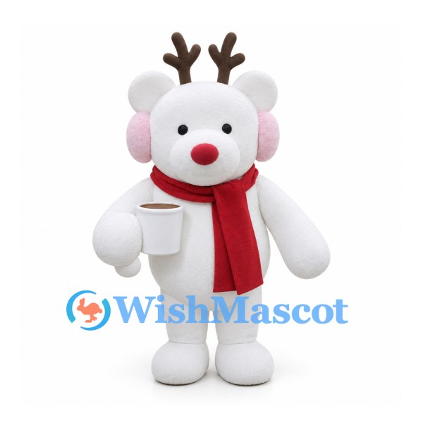 Reindeer Mascot Costume in White with Red Nose and Scarf