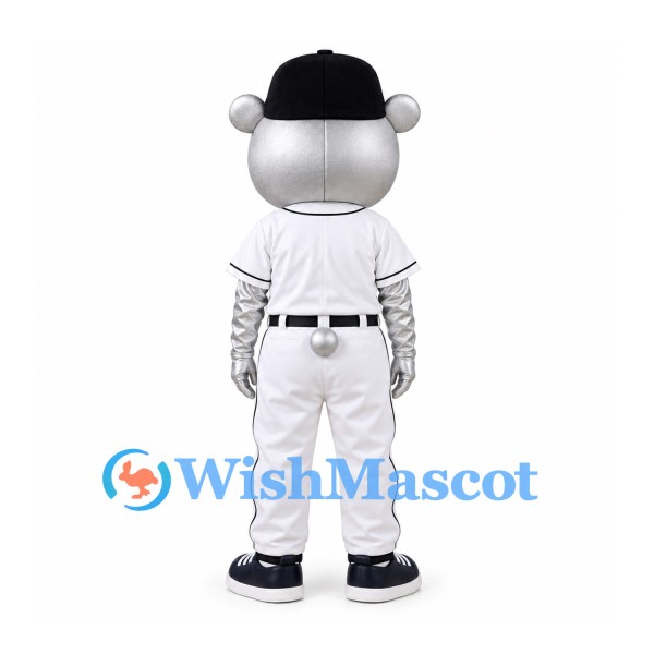 Bear Mascot Costume in Silver with Black Cap and White Baseball Uniform