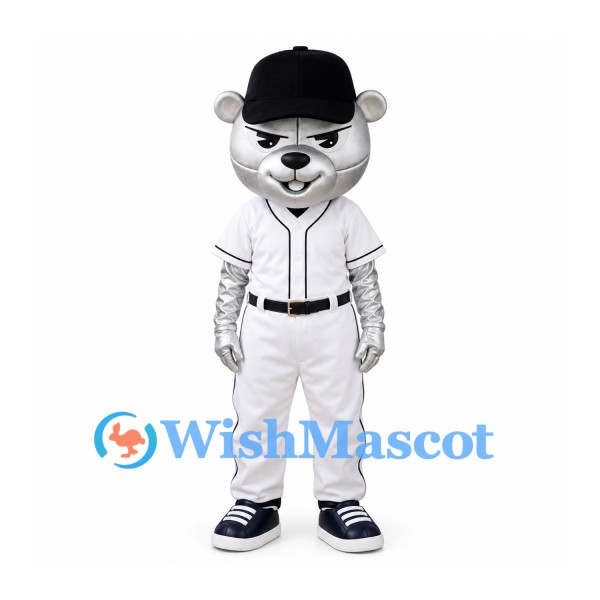 Bear Mascot Costume in Silver with Black Cap and White Baseball Uniform