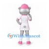 Bear Mascot Costume in Silver with Pink Cap and White Sports Dress