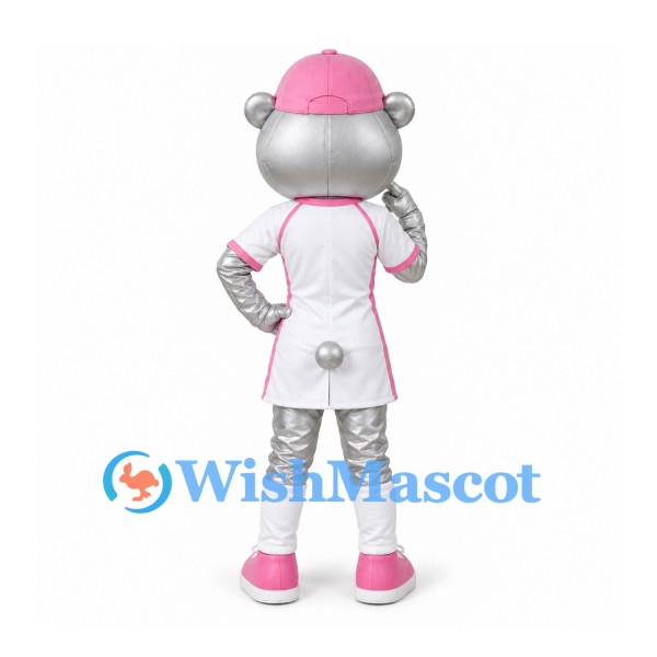 Bear Mascot Costume in Silver with Pink Cap and White Sports Dress