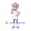 Bear Mascot Costume in Silver with Pink Cap and White Sports Dress
