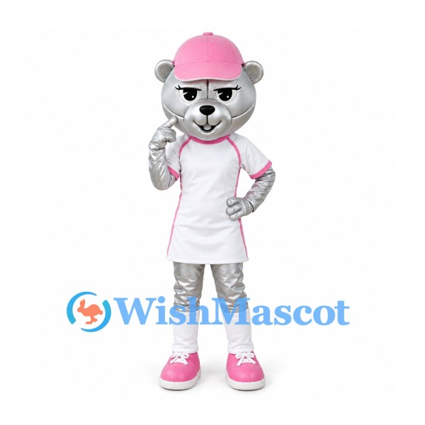 Bear Mascot Costume in Silver with Pink Cap and White Sports Dress