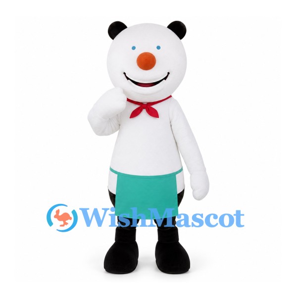 Snowman Mascot Costume with Green Apron and Black Boots