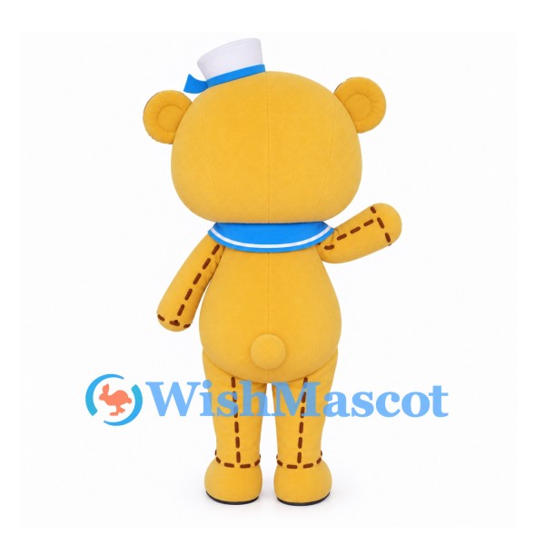 Bear Mascot Costume in Yellow with Blue Sailor Collar and Stitched Details
