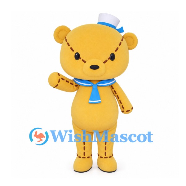 Bear Mascot Costume in Yellow with Blue Sailor Collar and Stitched Details