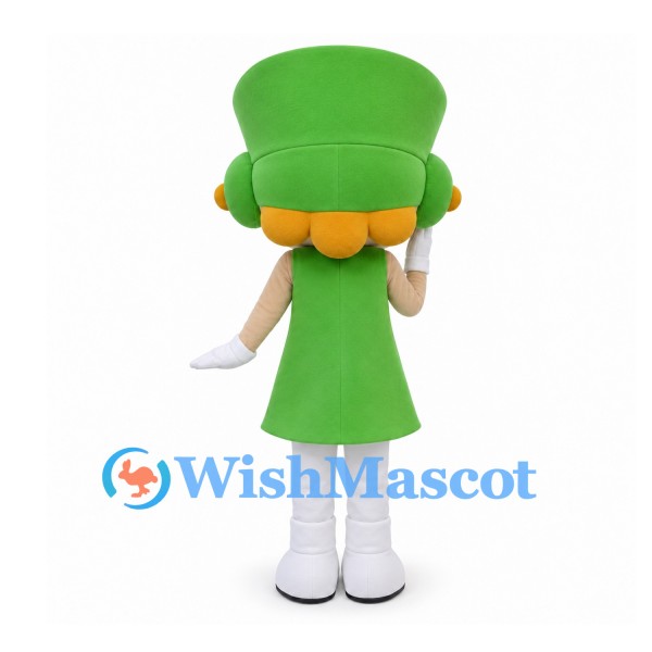 Girl Mascot Costume with Large Green Hat and Green Dress