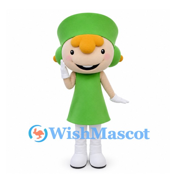 Girl Mascot Costume with Large Green Hat and Green Dress