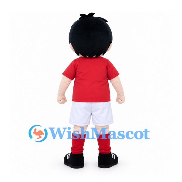 Boy Mascot Costume with Black Hair and Red Soccer Shirt
