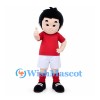 Boy Mascot Costume with Black Hair and Red Soccer Shirt