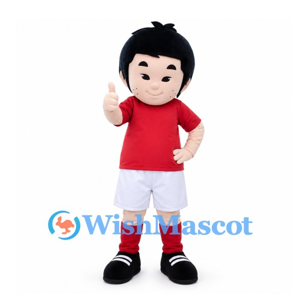 Boy Mascot Costume with Black Hair and Red Soccer Shirt